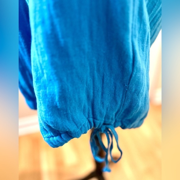 NWOT /UNO Linen ‘Dagfrid blouse’ aqua blue w/fpocket & buttons, draw string hem - Picture 8 of 9